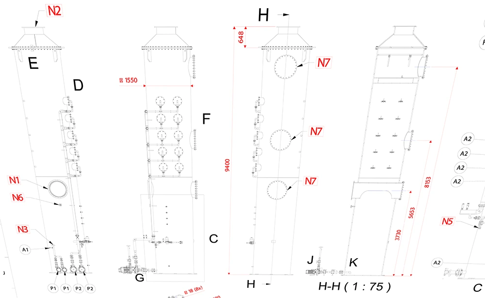 Mechanical general-arrangement drawing showing elevations and an H–H cross-section (1:75) of the scrubber columns, with principal dimensions and numbered nozzle, dosing and manway connections.