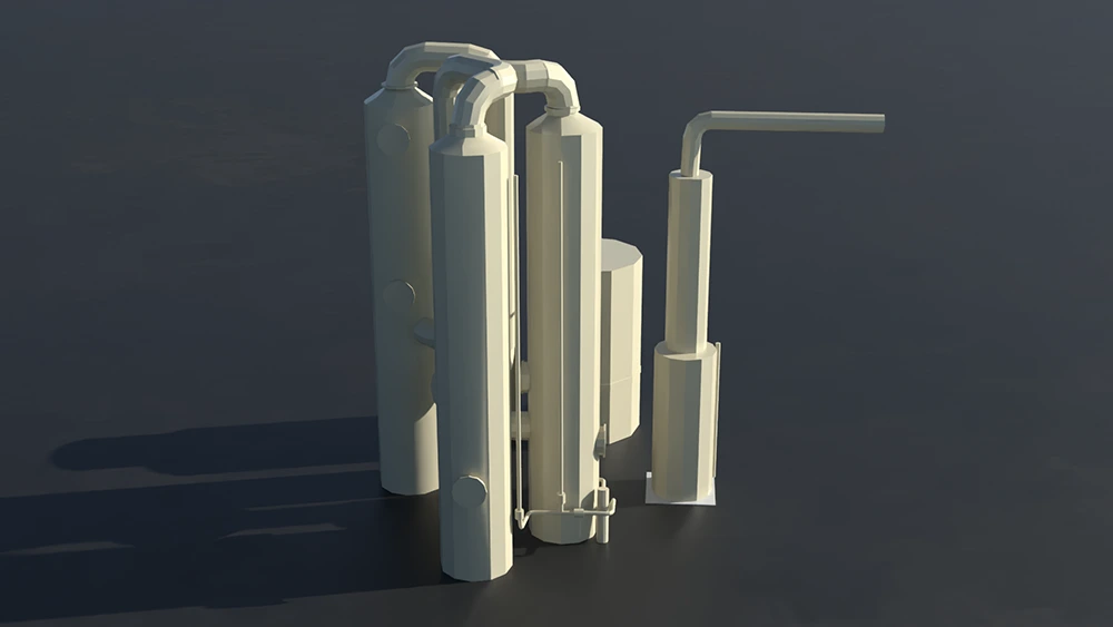 Three-dimensional render of the odour-abatement train: several vertical scrubber and humidifier columns joined by overhead ducting, an effluent tank and a tall discharge stack.