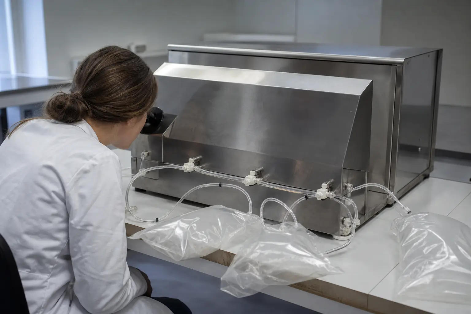 An assessor seated at the sniffing port of a stainless steel olfactometer, with transparent sample bags connected to it by tubing on the laboratory bench.