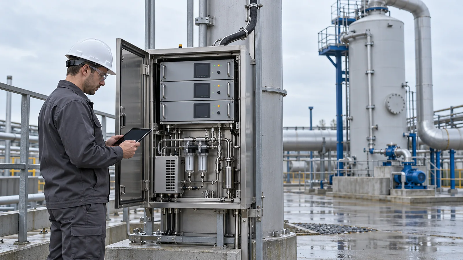 Technician checking an emission analyser cabinet at the foot of a stack, with a wet gas scrubber column in the background